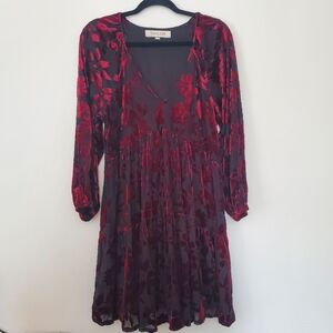Taylor Velvet Burgundy Floral Long Sleeve Babydoll Dress Size 14
